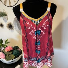 Nwt Tank Top By Jolt. Loose Hanging. Bohemian Printed Tank Top For The Beach, Bohemian Printed Tank Top For Vacation, Bohemian Sleeveless Tops With Vibrant Print, Red Boho Print Tops For Vacation, Summer Red Boho Print Top, Sleeveless Boho Print Tops For Beach, Sleeveless Boho Print Beach Tops, Red Bohemian Tops For Beach Season, Bohemian Red Cotton Tank Top