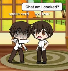 two people standing in front of a window with an open door and the caption that says chat am i cooked? space nerd evil twin