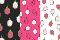 three different patterns with strawberries on black, pink and white background stock photo - budget conscious