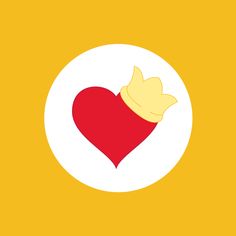 a red heart with a crown on it's head in a white circle against a yellow background