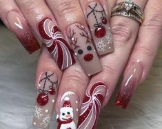 Christmas Fake Nails With Cute Reindeer, Snowflake Accents, Warm Christmas Press on Nails, Artistic Nail Art, Holiday Nails, Christmas Gift. - Etsy Christmas Art Nails, Cartoon Christmas Nails, Red Christmas Nails, Cute Christmas Nails, Christmas Nail Art Designs, Nail Swag, Nail Art Kit, Uñas Acrilicas