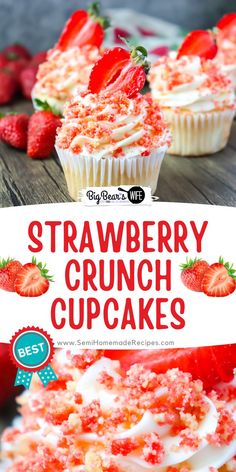 EASY STRAWBERRY CRUNCH CUPCAKES Strawberry Crumb Cupcakes, Strawberry Sundae Cupcakes, Strawberry Oreo Cupcakes, Strawberry Crunch Mini Loaf Cake, Strawberry Shortcake Cupcakes Recipe, Strawberry Crumble Cupcakes, Strawberry Cupcake Ideas, Strawberry Crunch Banana Pudding, Summer Cupcakes Ideas