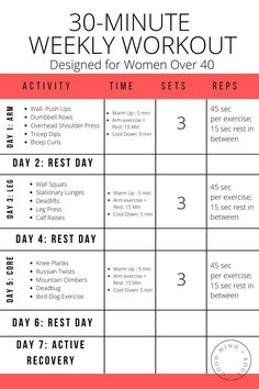 the 30 - minute workout plan for women over 40 is shown in red and white