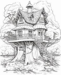 a drawing of a tree house with stairs leading up to it