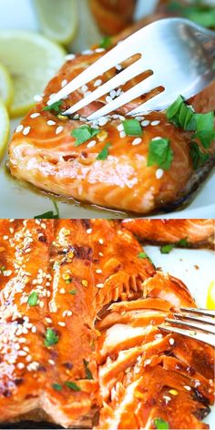 salmon with sesame seeds on top and lemon slices in the bottom, side by side