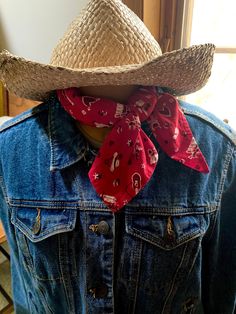 Vintaqe red, white, & black Western print cotton bandana measures a generous 24" X 24". The print features a guitar, a saddle with a lasso, cowboy hat, cowboy boots with spurs, a covered wagon pulled by a horse, stars, horseshoes, and brands. The hem is all hand stitched. So cute tied around your neck, hair, even a purse! Tie it around your hat and slip a feather into the knot. Cowboy Boots With Spurs, Boots With Spurs, Covered Wagon, Cotton Bandanas, Red Bandana, Cowboy Hat, Hand Stitched, Country Music, Hand Stitching