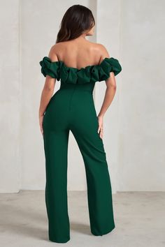 Esmie Bottle Green Structured Statement Bardot Wide Leg Jumpsuit – Club L London - USA Robes Glamour, Boned Bodice, Black Tie Gala, Party Dress Long Sleeve, Bridesmaid Outfit, Black Sequin Dress, Bottle Green, Stretch Crepe, Jumpsuit With Sleeves