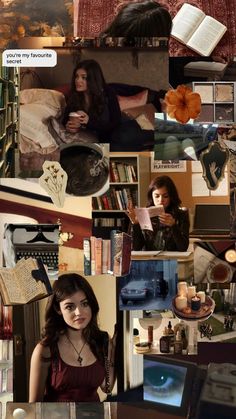 a collage of photos with books, pictures, and other things on it that are all over the place