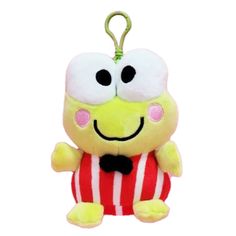 a yellow stuffed animal with a red and white striped shirt on it's chest