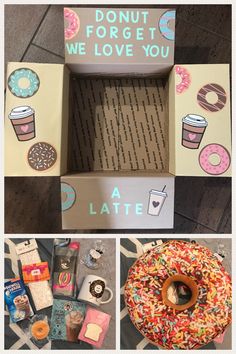 an open box with doughnuts, donuts and coffee on it that says donut for get we love you