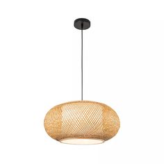 a light that is hanging from the ceiling with a wooden shade on top of it