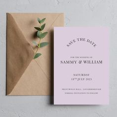 save the date card with envelope and green leaf