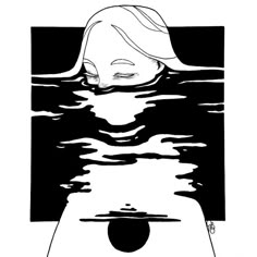 a black and white drawing of a woman floating in the water with her eyes closed