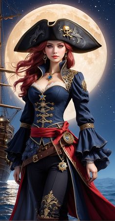 a woman dressed as a pirate in front of a full moon