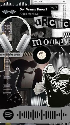 a collage of music related items including headphones and an electric guitar