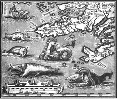 an old map with animals and people in the water, surrounded by other animals on land