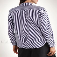 Lasaky - Striped Long-Sleeve Cotton Fu Silk Button-Up Shirt Navy Long Sleeve Top For Work, Navy Casual Tops With Button Cuffs, Casual Navy Tops With Button Cuffs, Casual Navy Blouse With Buttons, Navy Casual Blouse For Workwear, Navy Tops With Button Closure For Business Casual, Casual Navy Top With Button Cuffs, Navy Long Sleeve Shirt For Office, Navy Casual Top With Button Cuffs