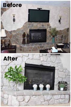 before and after pictures of a fireplace with stone veneers on the mantel