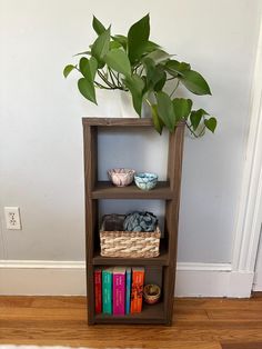 a wooden shelf with books and plants on it