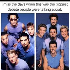 two pictures of men in blue shirts and one has his arms around each other