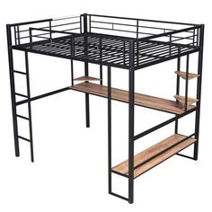 a black metal bunk bed with wooden shelves and ladders on the bottom level, against a white background