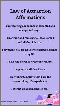 the law of attraction affirmations is written in purple and black with an image of a