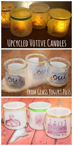 candles that have been turned into glass votives with the words, upcycled votive candles from glass yogurt pots