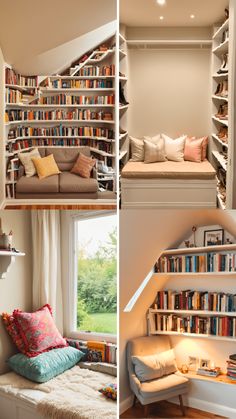 there are two pictures of bookshelves in the same room, and one has a couch with pillows on it