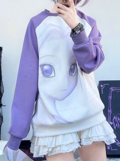 The price is for a sweatshirt only, others are not included.  Garment Size   	 		 			Size 			S 			M 			L 		 		 			Full Length 			69 			71 			73 		 		 			Bust 			112 			116 			120 Taobao Brands, Cartoon Girl, Girls Prints, Purple And White, White Sweatshirt, Girl Cartoon, Full Length, Purple, Sweatshirts