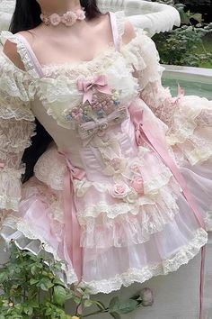 Fabric: Polyester Color: Pink Feature: Bowknot, Lace Style: Sweet Clothing Type: Dress Include: Dress*1 (Any of the accessory is not included.) Size (IN) Bust Suit Mixed With Dress, Majestic Outfits, Wonyoung Outfit, Forest Faerie, Frilly Dress, Fairy Fashion, Lace Flower, Sweet Lolita, Fairy Dress