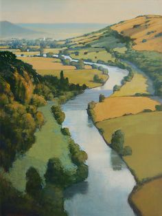 a painting of a river running through a lush green countryside