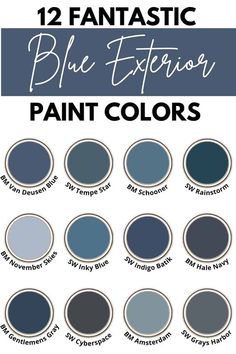 blue and gray paint colors with the text 12 fantastic blue exterior paint colors