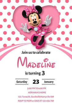 a minnie mouse birthday party with pink polka dots and hearts on the front, including an envelope