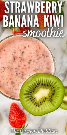 Strawberry banana kiwi smoothie. A pink smoothie with a slice of kiwi and strawberries in the background Coffee Protein Smoothie, Banana Protein Shake, Freeze Sweet Potatoes, Kiwi And Banana