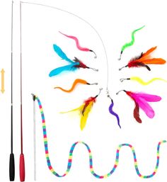 an assortment of different colored feathers on a white background with arrows pointing up to them