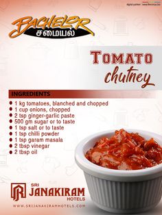 an advertisement for a restaurant called tomato chutney with information about the ingredients