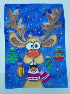 a painting of a reindeer with christmas decorations