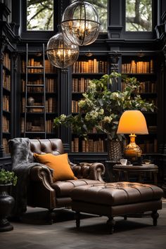 a living room filled with lots of furniture and bookshelves next to a lamp