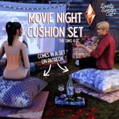 two people sitting on pillows in front of a tv screen with the caption movie night cushion set