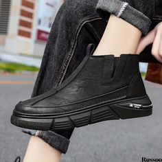 Russoo - Premium Mens Solid Casual Ankle Boots: Breathable, Anti-skid Slip-On Design with Convenient Side Zippers, Ideal for Outdoor Wear Mens Casual Leather Shoes, Casual Ankle Boots, Mens Ankle Boots, High Top Boots, Casual Leather Shoes, High Sneakers, Mens High Tops, Slip On Boots, Mens Plus Size