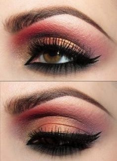 Red eyeshadow Peach Eye Makeup, Rose Gold Eye Makeup, Gold Eye Makeup, Best Makeup Tips, Gold Eyeshadow, Winter Makeup, Gold Eyes