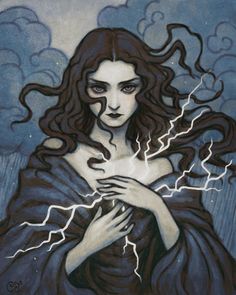 a painting of a woman with lightning in her hands