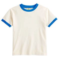 A Nostalgic Tribute To The Iconic Retro Times In Off White And Blue Colors. Crafted With Care, This Ringer Tee Combines Classic Design Elements With A Touch Of Vintage Charm. Made From High-Quality Cotton, Our Ringer T-Shirt Offers A Comfortable And Breathable Fit Retro Cream Short Sleeve T-shirt, Retro Beige Short Sleeve T-shirt, Retro Cream Cotton Tops, Retro Cream Cotton Top, Cream Cotton Retro Top, Retro Beige Crew Neck Top, Retro Beige Cotton Tops, Retro Beige Crew Neck T-shirt, Beige Retro Crew Neck T-shirt