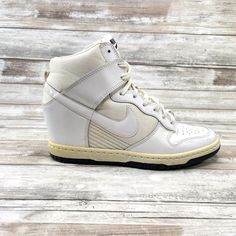 Nike Air Force 1 Sky Hi Dunk Womens 6.5 High Top White Wedge Sneakers 644877-101 Size: Women's Size 6.5 US Condition: Shoes are in fair/good condition; will show normal cosmetic wear from general use but nothing significant. Please review all photos for condition details. White Wedge Sneakers, Nike Fashion, Wedge Sneakers, Nike Air Force 1, Nike Dunk, Nike Dunks, Air Force 1, Sneakers White, Nike Air Force