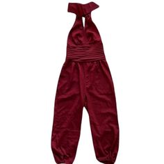 New Without Tags Size S Deep Dark Rich Red Plunging V Neck Halter High Neck That Ties Into A Bow In The Back Low Back Pleated At Waist Cropped Leg Elastic At Ankle Polyester Hidden Zipper Pit To Pit Where Pleats Starts 13.5" Length 46" Inseam 21" Red V-neck Jumpsuit And Romper, Fitted Burgundy Jumpsuits And Rompers, Satin Jumpsuit, Low Back, Hidden Zipper, Pant Jumpsuit, High Neck, Pants For Women, Jumpsuit