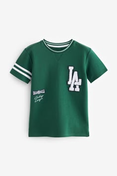 Green Short Sleeve Varsity T-Shirt (3-16yrs) All Black Suit, Boys Uniforms, Cotton Lingerie, Embroidered Badges, College T Shirts, Boys Graphic Tee, Beach T Shirts, Green Shorts