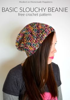 a woman wearing a knitted beanie with the text basic slouchy beanie free crochet pattern