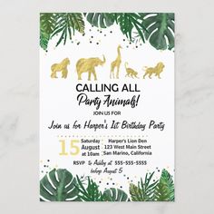 an animal themed birthday party with palm leaves and gold foil on the bottom, including giraffes