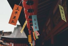 chinese lanterns hanging from the side of a building