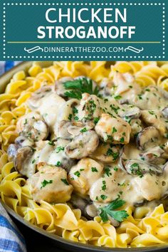 chicken stroganoni with mushrooms and parsley in a skillet on a blue checkered table cloth